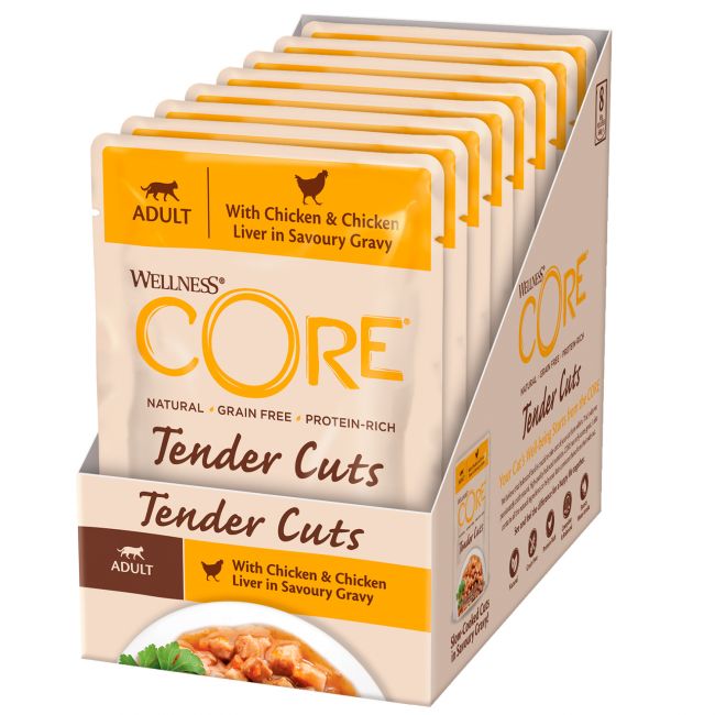 Влажный корм CORE TENDER CUTS для кошек, из курицы с куриной печенью в виде нарезки в соусе, паучи 85 г Влажный корм CORE TENDER CUTS для кошек, из курицы с куриной печенью в виде нарезки в соусе, паучи 85 г