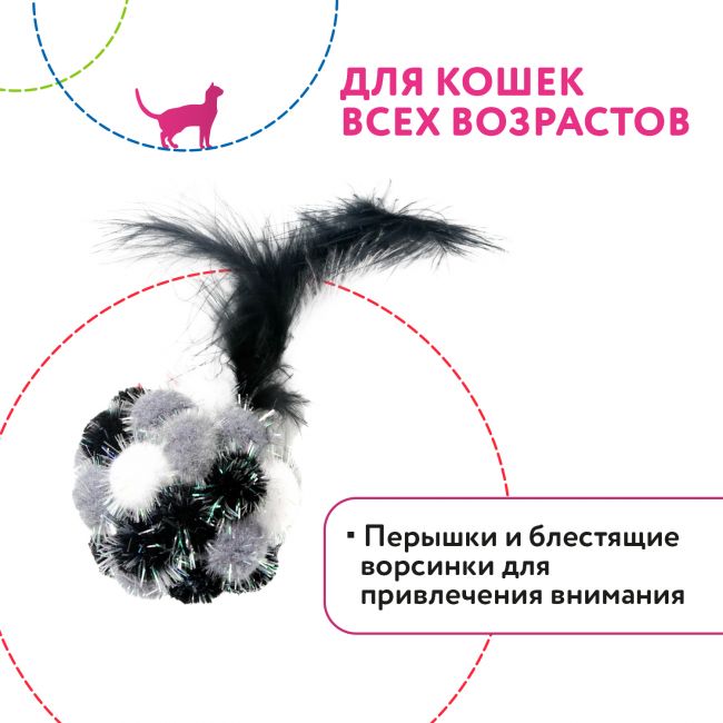 Petpark игрушка для кошек Мяч Пон-Пон с перьями 24 см серый Petpark игрушка для кошек Мяч Пон-Пон с перьями 24 см серый