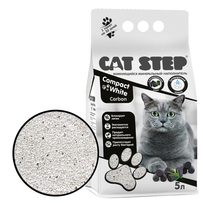 Наполнитель комкующийся минеральный CAT STEP Compact White Carbon, 5 л Наполнитель комкующийся минеральный CAT STEP Compact White Carbon, 5 л
