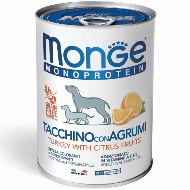 Влажный корм Monge Dog Natural Monoprotein Fruits для собак, паштет из индейки с рисом и цитрусовыми, консервы 400 г Влажный корм Monge Dog Natural Monoprotein Fruits для собак, паштет из индейки с рисом и цитрусовыми, консервы 400 г