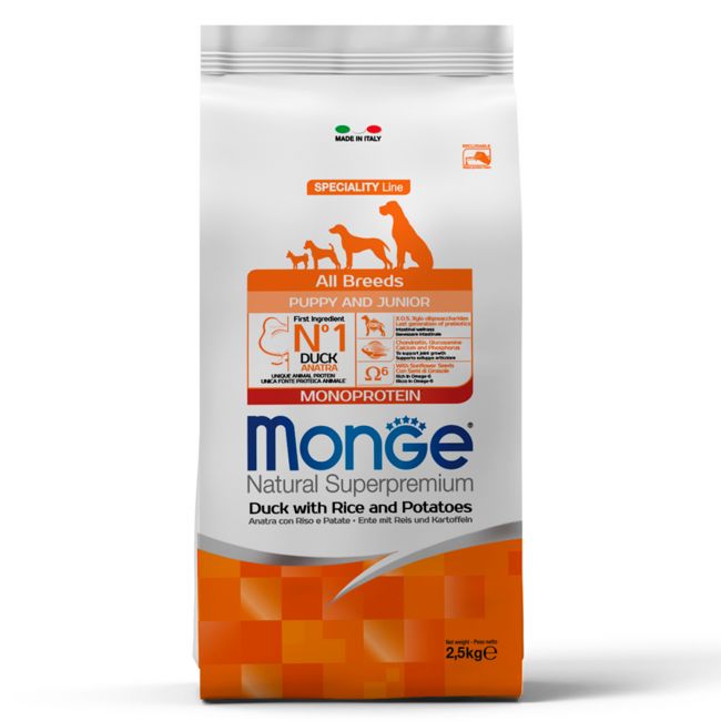 Сухой корм Monge Dog Speciality Line Monoprotein для щенков всех пород, из утки с рисом и картофелем 2,5 кг Сухой корм Monge Dog Speciality Line Monoprotein для щенков всех пород, из утки с рисом и картофелем 2,5 кг