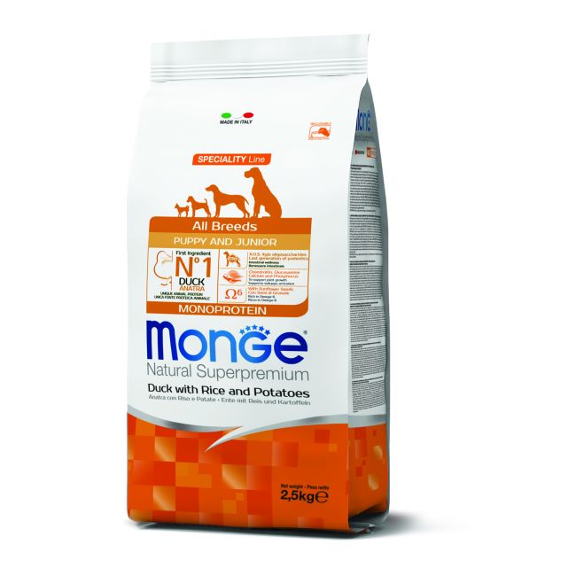 Сухой корм Monge Dog Speciality Line Monoprotein для щенков всех пород, из утки с рисом и картофелем 2,5 кг Сухой корм Monge Dog Speciality Line Monoprotein для щенков всех пород, из утки с рисом и картофелем 2,5 кг