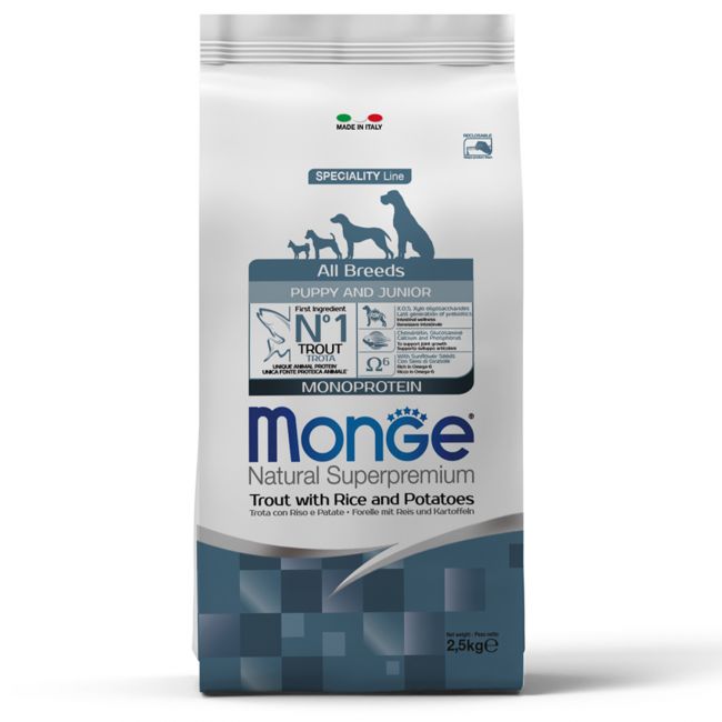 Сухой корм Monge Dog Speciality Line Monoprotein для щенков всех пород, из форели с рисом и картофелем 2,5 кг Сухой корм Monge Dog Speciality Line Monoprotein для щенков всех пород, из форели с рисом и картофелем 2,5 кг
