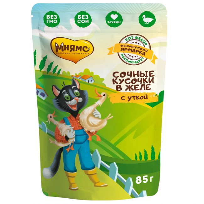Влажный корм Мнямс сочные кусочки в желе для кошек с уткой «Фермерская ярмарка» линия Кот Федор 85г Влажный корм Мнямс сочные кусочки в желе для кошек с уткой «Фермерская ярмарка» линия Кот Федор 85г