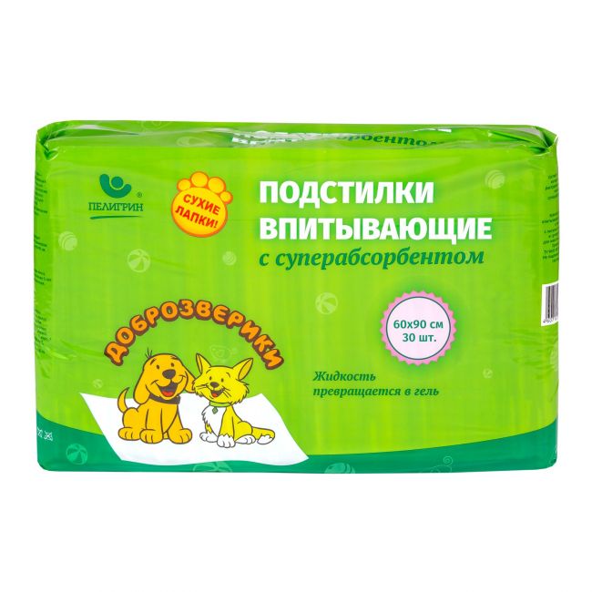 Доброзверики подстилки впитывающие для животных с суперабсорбентом 60х90 см, 30 шт. "Сухие лапки" Доброзверики подстилки впитывающие для животных с суперабсорбентом 60х90 см, 30 шт. "Сухие лапки"