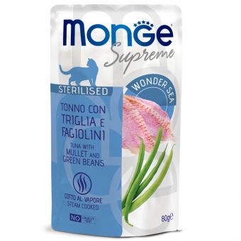 Влажный корм Monge Supreme sterilized cat для стерилизованных кошек с кефалью и зелёной фасолью, паучи 80 г Влажный корм Monge Supreme sterilized cat для стерилизованных кошек с кефалью и зелёной фасолью, паучи 80 г