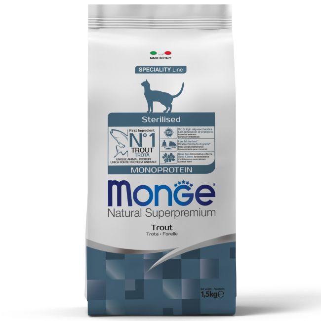 Сухой корм Monge Cat Speciality Line Monoprotein Sterilised для стерилизованных кошек, из форели 1,5 кг Сухой корм Monge Cat Speciality Line Monoprotein Sterilised для стерилизованных кошек, из форели 1,5 кг