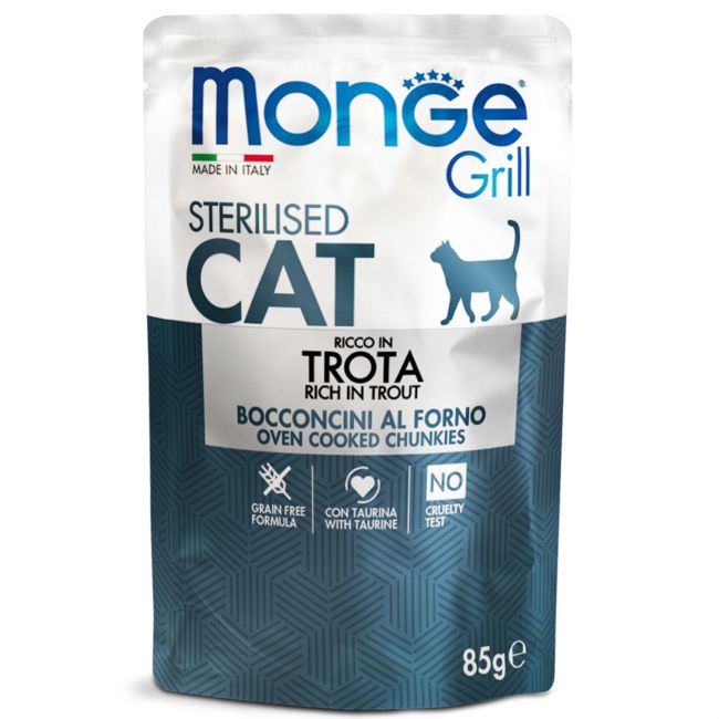 Влажный корм Monge Cat Grill для стерилизованных кошек, с форелью, паучи 85 г Влажный корм Monge Cat Grill для стерилизованных кошек, с форелью, паучи 85 г