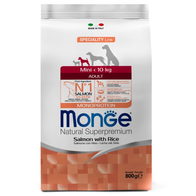 Сухой корм Monge Dog Speciality Line Monoprotein Mini для взрослых собак мелких пород, из лосося с рисом 800 г Сухой корм Monge Dog Speciality Line Monoprotein Mini для взрослых собак мелких пород, из лосося с рисом 800 г